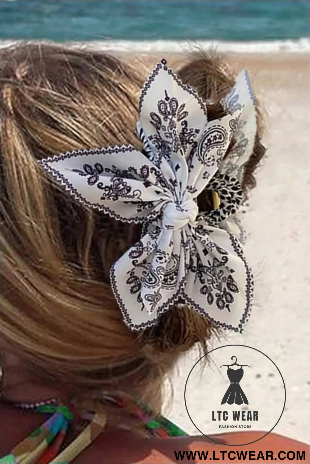 Black paisley floral print bow knot hair clip - black / one size / 100% polyester - headwear