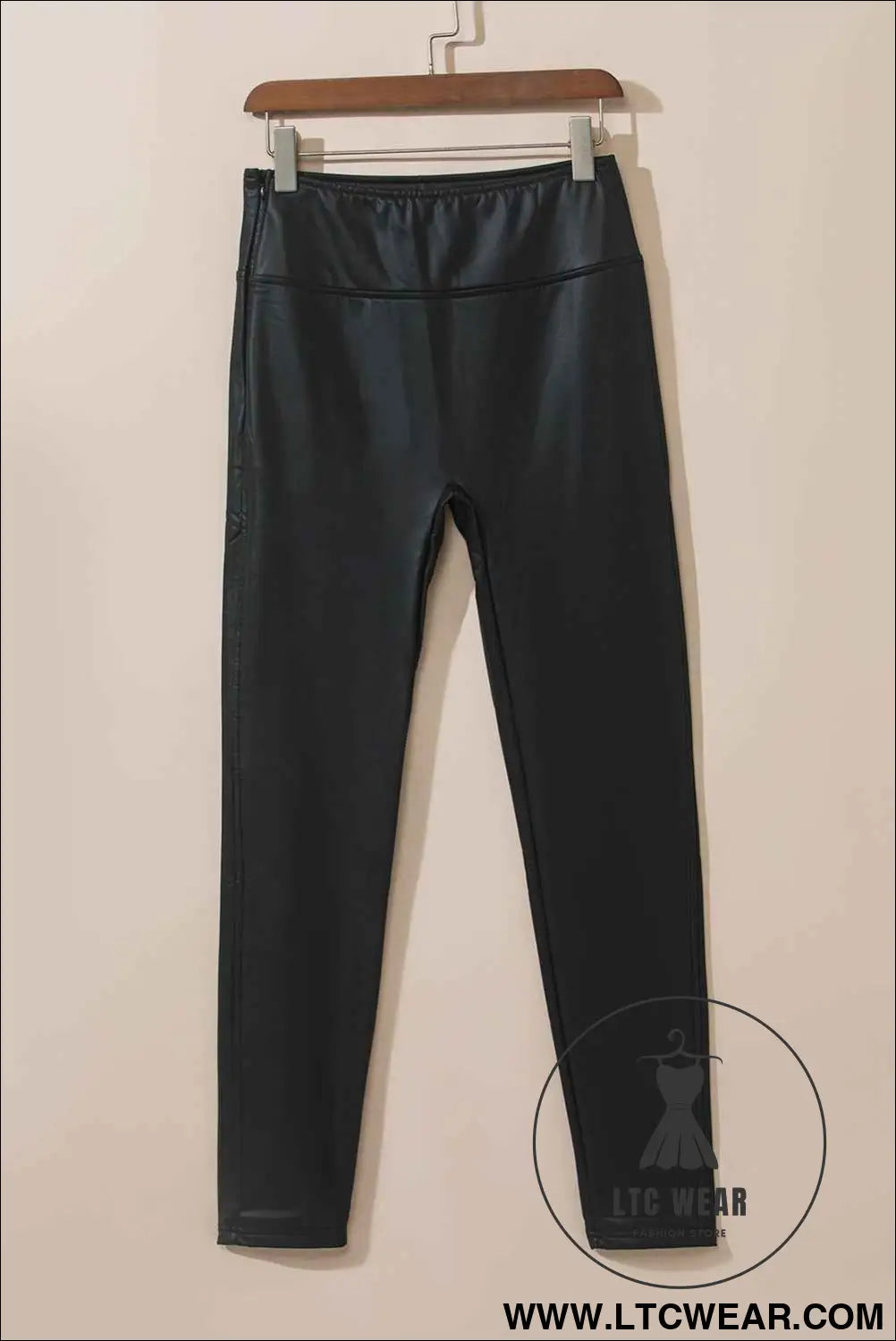 Black Piping Trim Sleek Leather High Waist Leggings