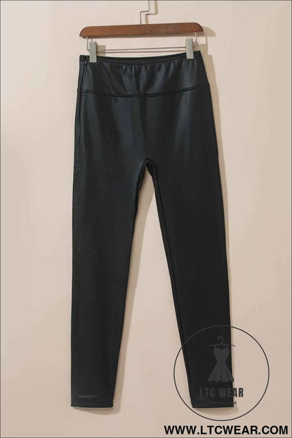 Black Piping Trim Sleek Leather High Waist Leggings