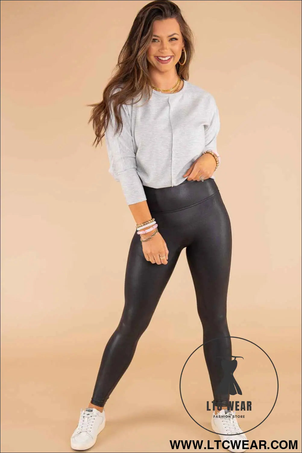 Black Piping Trim Sleek Leather High Waist Leggings