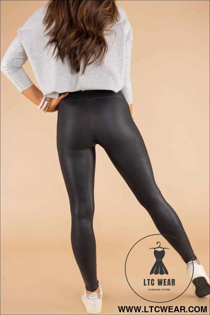 Black Piping Trim Sleek Leather High Waist Leggings