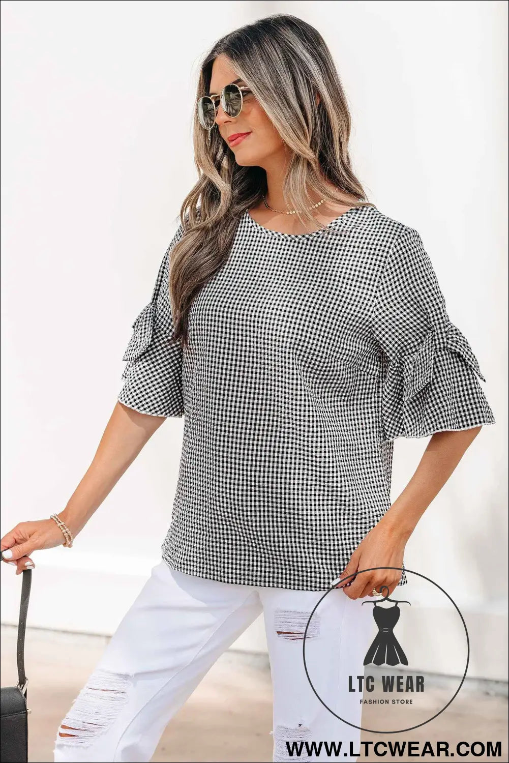 Black Plaid Bow Ruffled Half Sleeve Round Neck Blouse