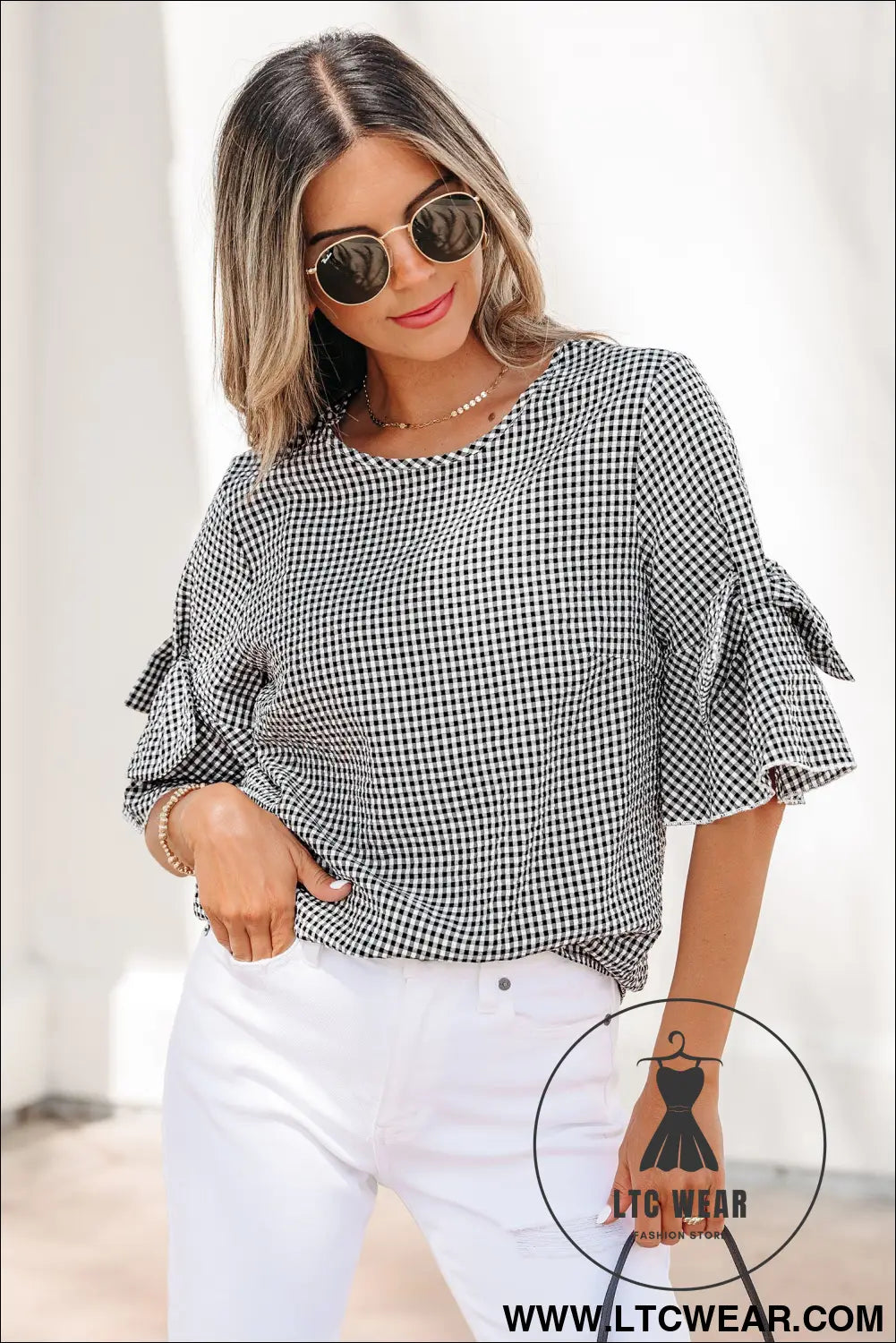 Black Plaid Bow Ruffled Half Sleeve Round Neck Blouse - L.T.C Wear Online Fashion Store