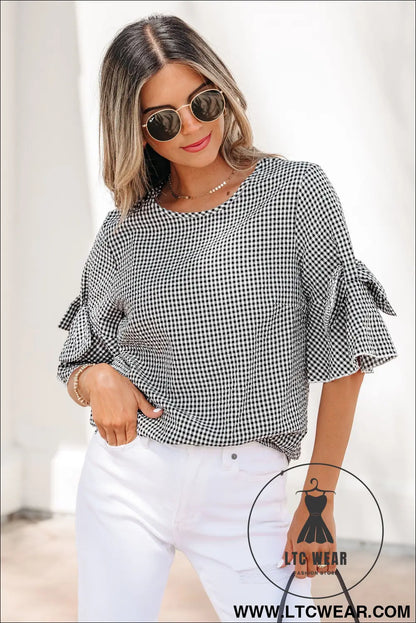 Black Plaid Bow Ruffled Half Sleeve Round Neck Blouse - L.T.C Wear Online Fashion Store