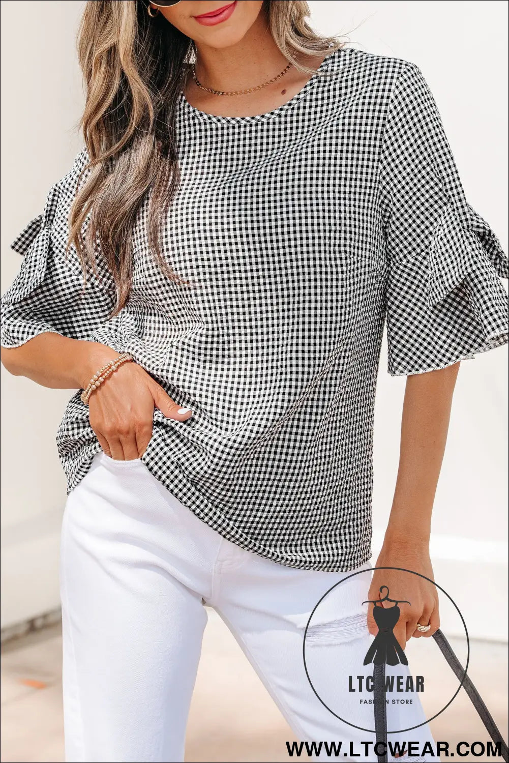 Black Plaid Bow Ruffled Half Sleeve Round Neck Blouse - L.T.C Wear Online Fashion Store