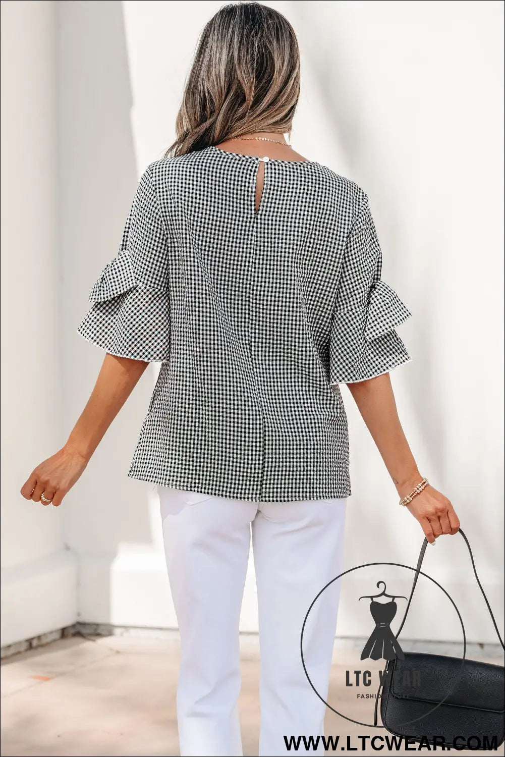 Black Plaid Bow Ruffled Half Sleeve Round Neck Blouse - L.T.C Wear Online Fashion Store