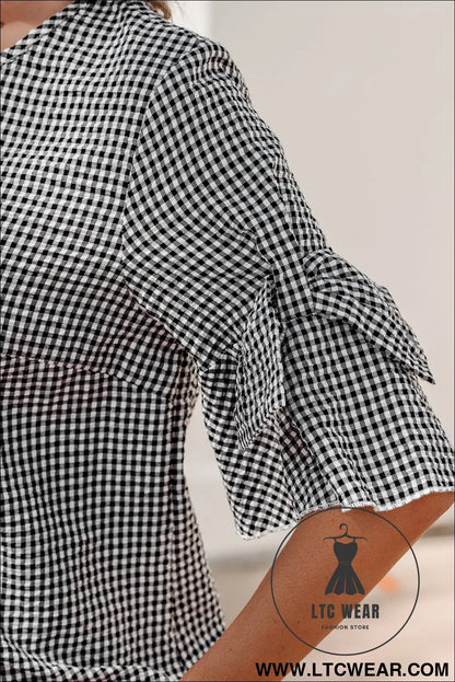 Black Plaid Bow Ruffled Half Sleeve Round Neck Blouse - L.T.C Wear Online Fashion Store