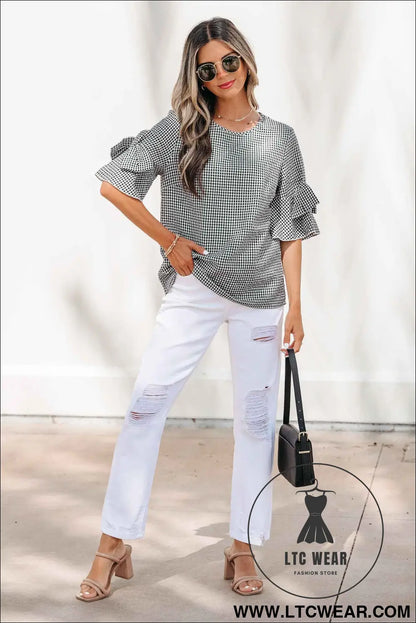Black Plaid Bow Ruffled Half Sleeve Round Neck Blouse