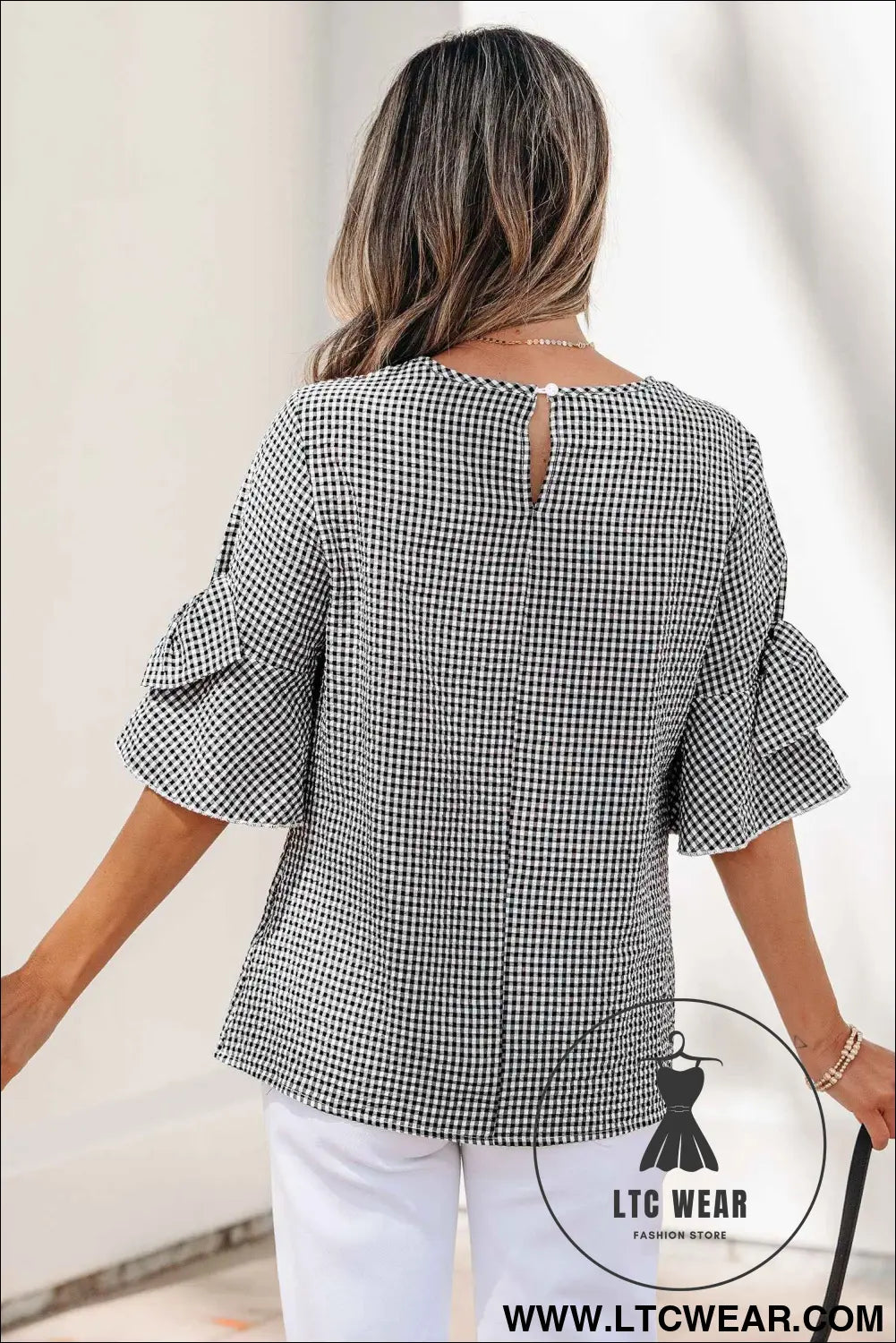 Black Plaid Bow Ruffled Half Sleeve Round Neck Blouse