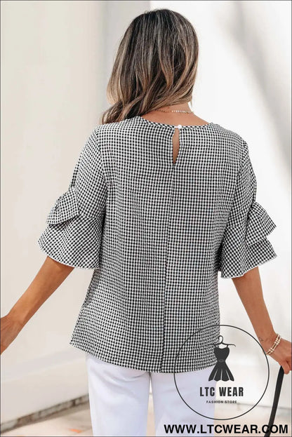 Black Plaid Bow Ruffled Half Sleeve Round Neck Blouse