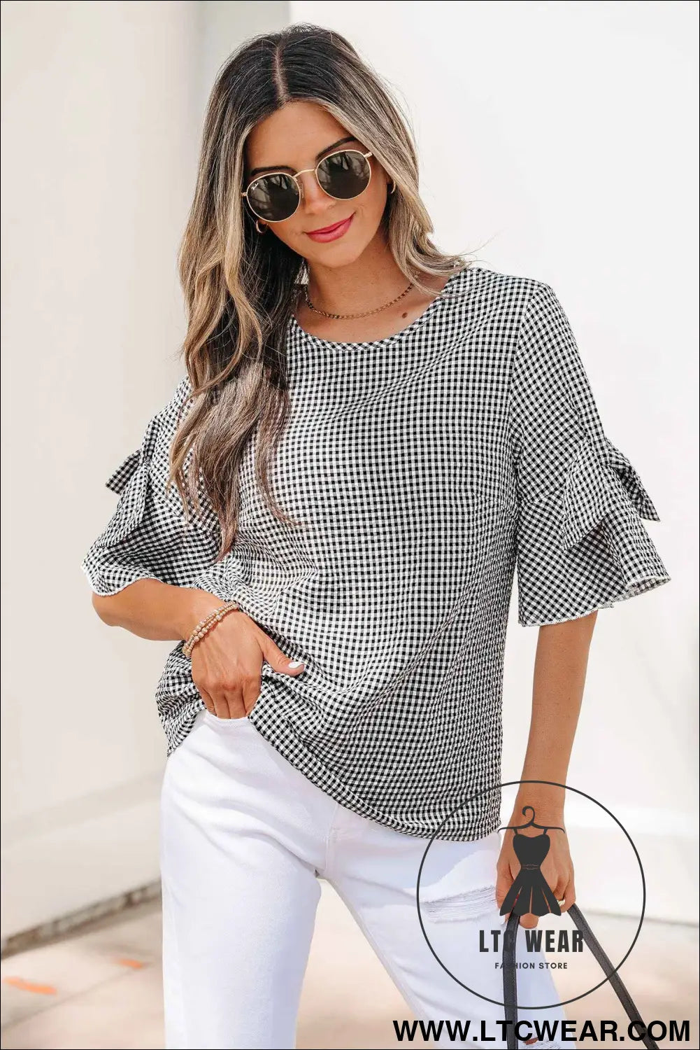 Black Plaid Bow Ruffled Half Sleeve Round Neck Blouse