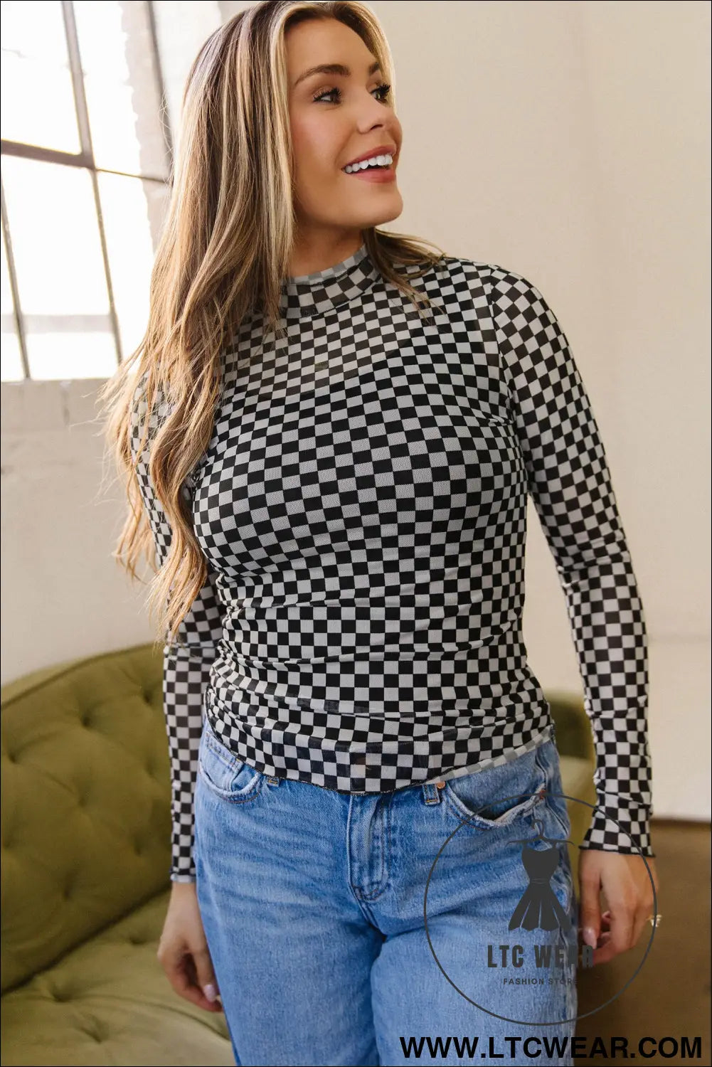 Black plaid stand neck long sleeve mesh top - long sleeve tops