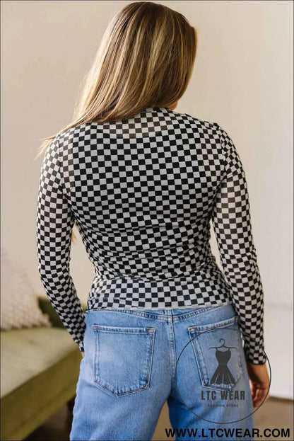 Black Plaid Stand Neck Long Sleeve Mesh Top