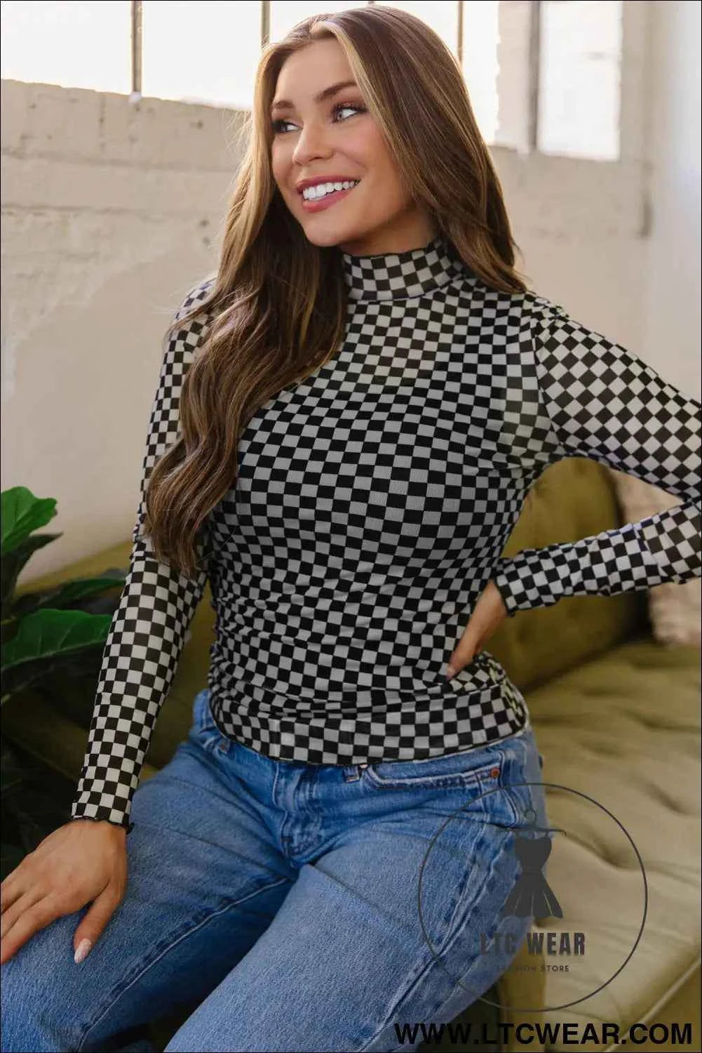 Black Plaid Stand Neck Long Sleeve Mesh Top