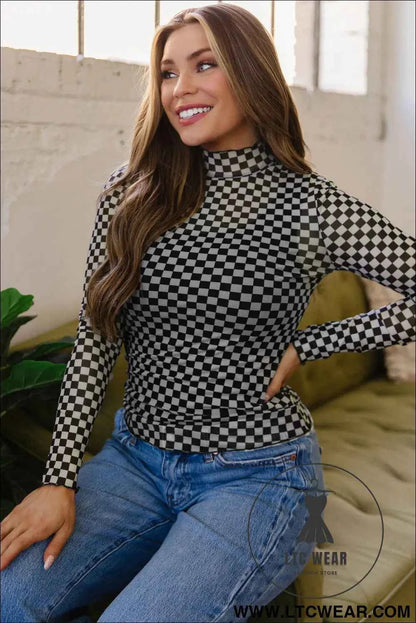 Black Plaid Stand Neck Long Sleeve Mesh Top