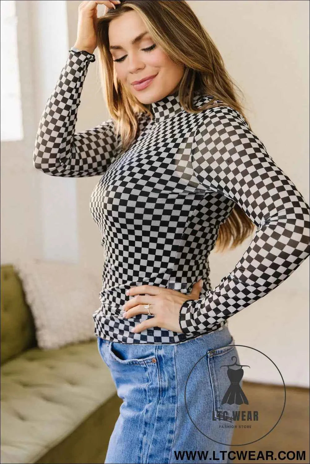 Black Plaid Stand Neck Long Sleeve Mesh Top