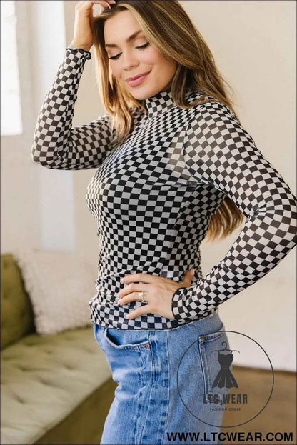 Black Plaid Stand Neck Long Sleeve Mesh Top