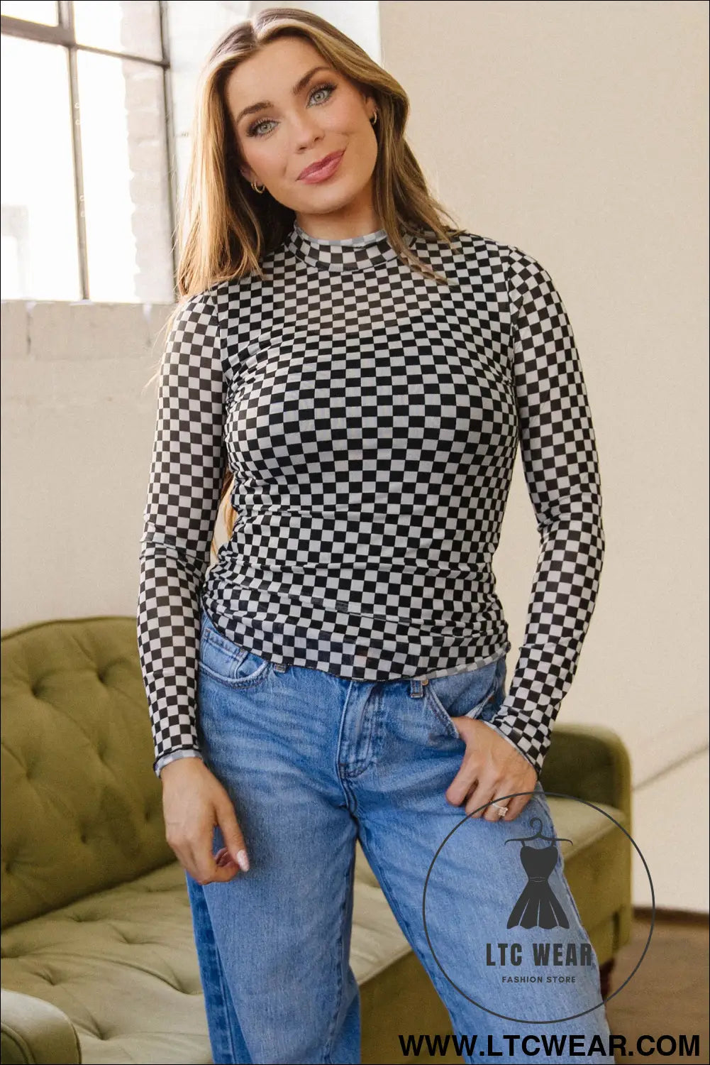 Black plaid stand neck long sleeve mesh top - long sleeve tops