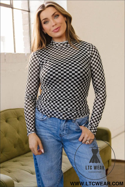 Black plaid stand neck long sleeve mesh top - long sleeve tops
