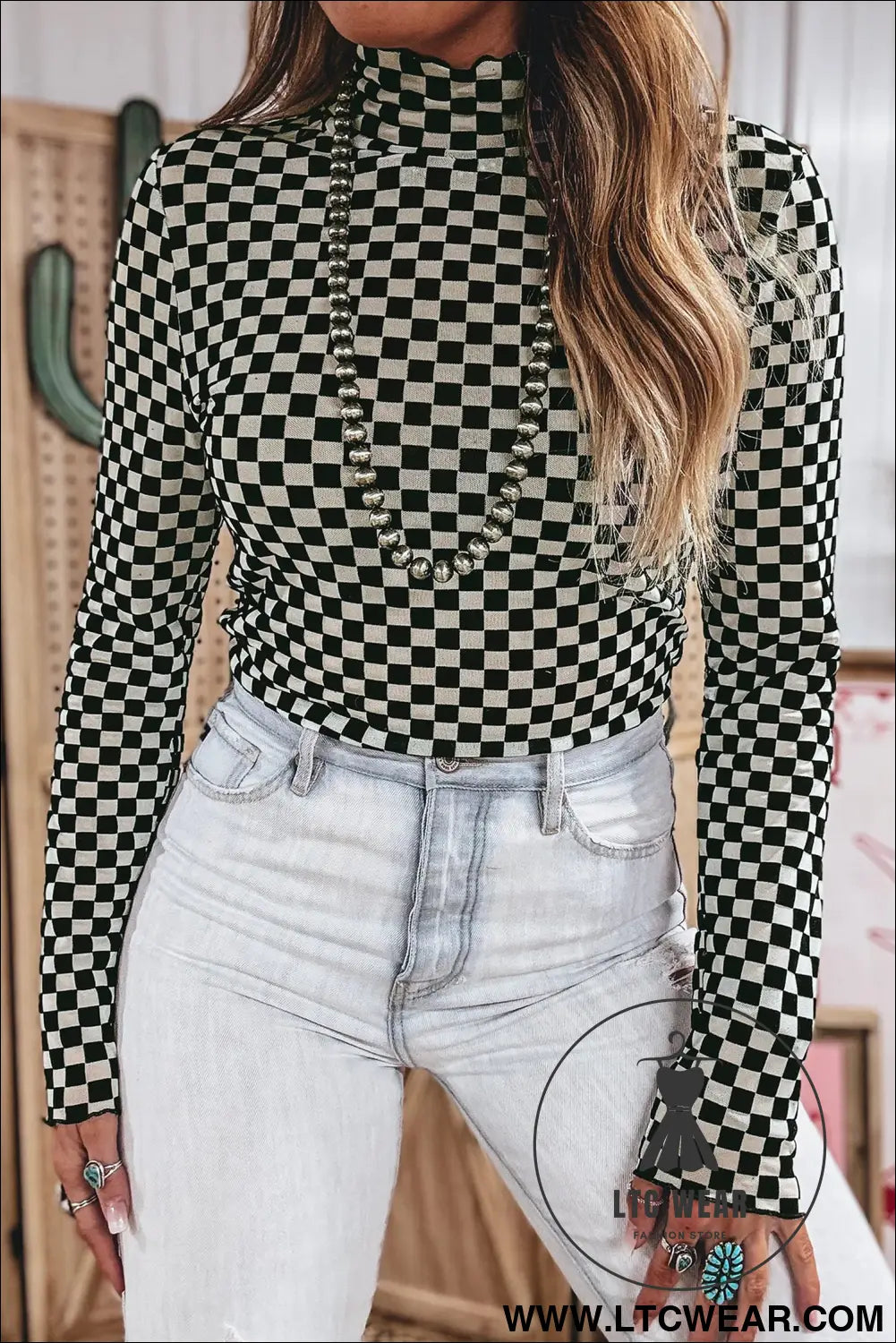 Black plaid stand neck long sleeve mesh top - long sleeve tops