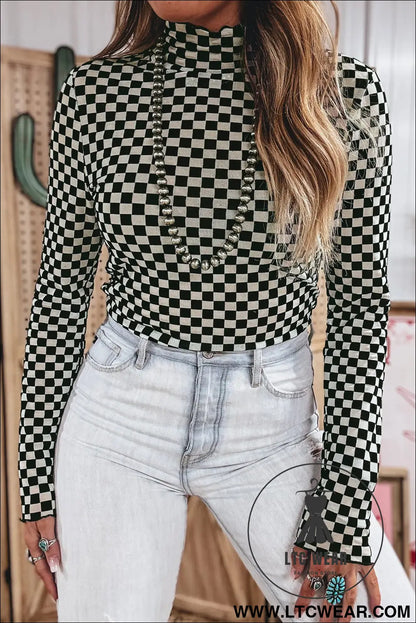 Black plaid stand neck long sleeve mesh top - long sleeve tops