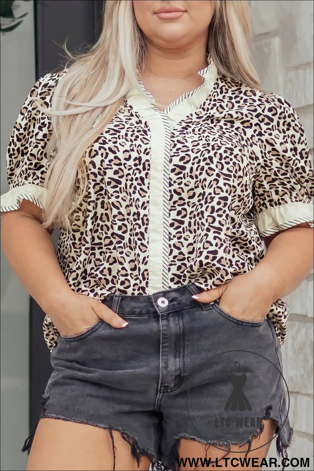 Black plus leopard print striped color block trim frilled v neck short sleeve blouse - black / 1x / 100% polyester