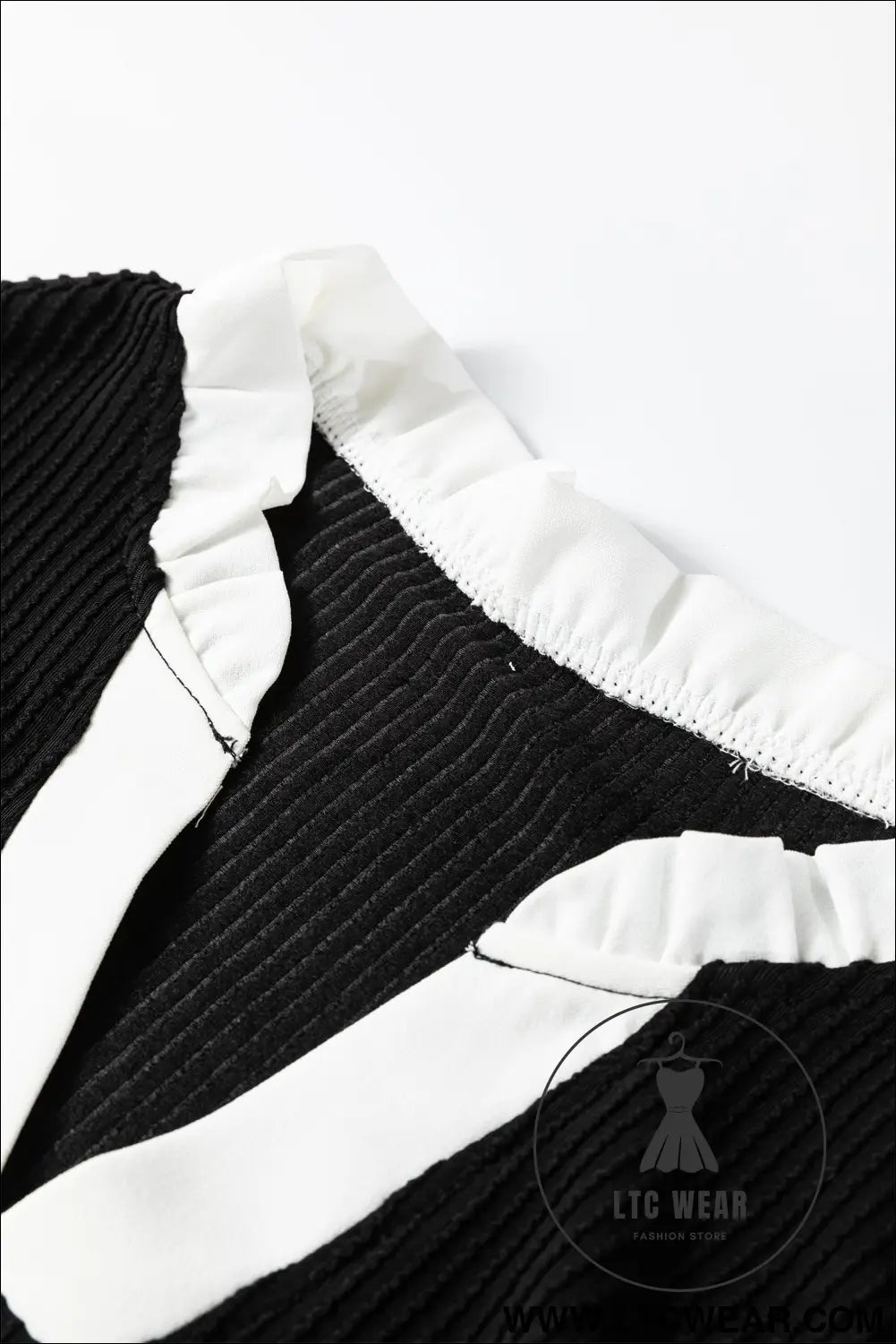 Black plus size contrast frilled neckline ruffled short sleeve ribbed textured blouse - plus size blouses & shirts