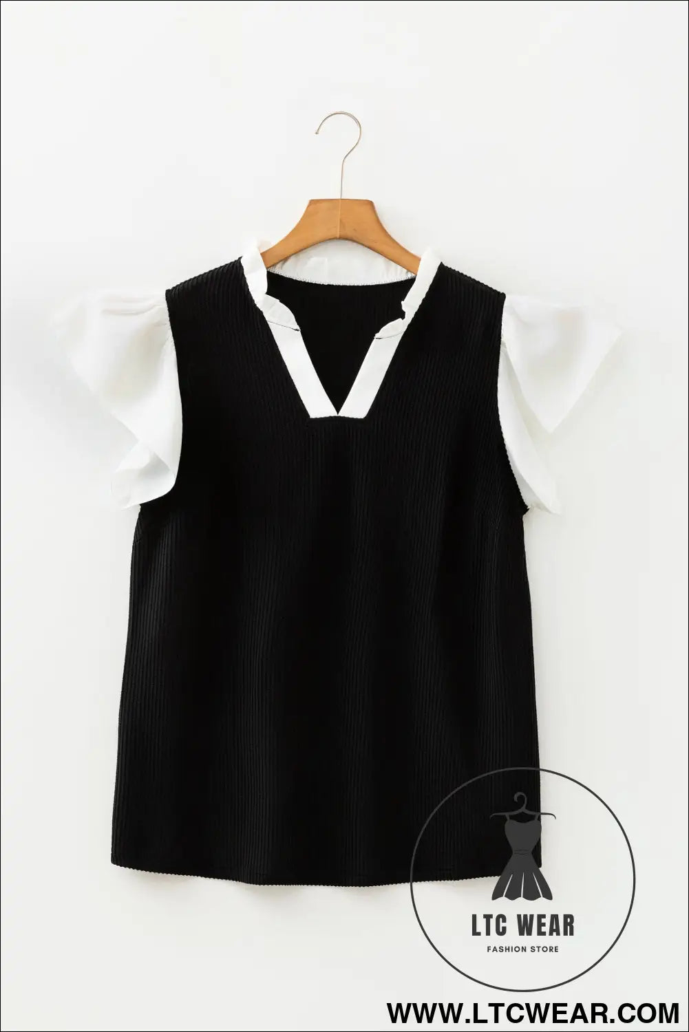 Black plus size contrast frilled neckline ruffled short sleeve ribbed textured blouse - plus size blouses & shirts