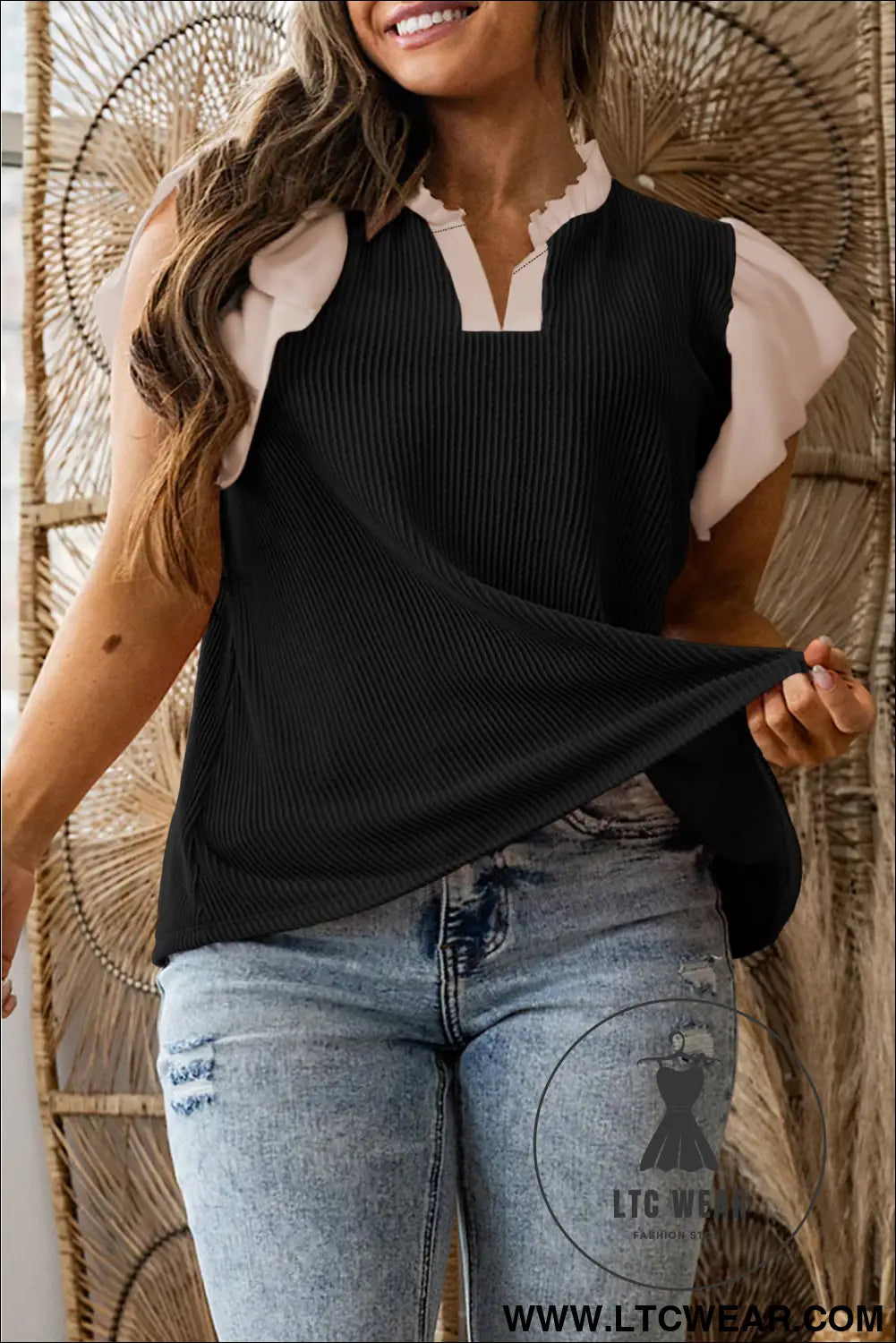 Black plus size contrast frilled neckline ruffled short sleeve ribbed textured blouse - black / 1x / 75% polyester