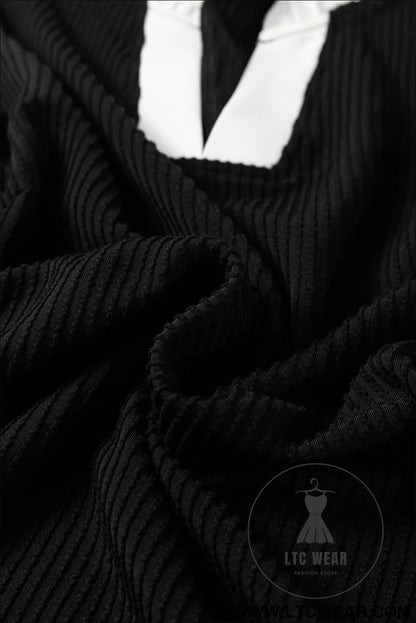 Black plus size contrast frilled neckline ruffled short sleeve ribbed textured blouse - plus size blouses & shirts