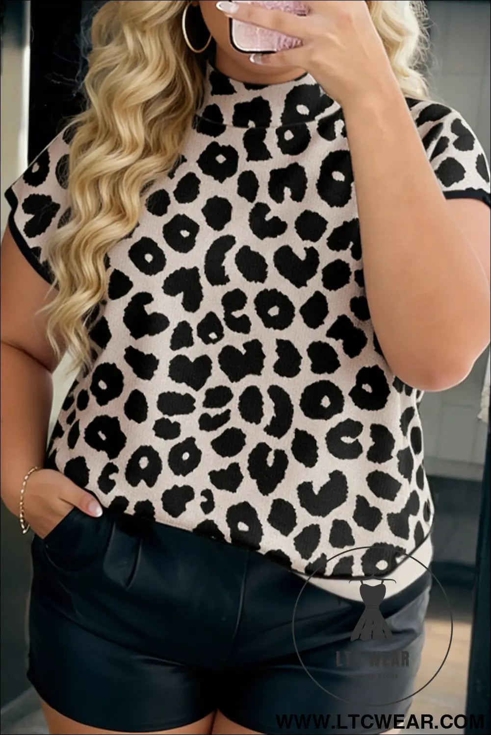 Black Plus Size Leopard Print High Neck Short Sleeve Sweater - L.T.C Wear Online Fashion Store