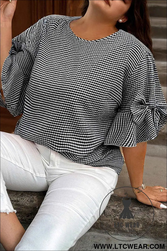 Black Plus Size Plaid Bow Decor Bell Sleeve Round Neck Jumper