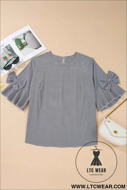 Black Plus Size Plaid Bow Decor Bell Sleeve Round Neck Jumper