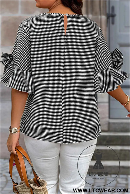 Black Plus Size Plaid Bow Decor Bell Sleeve Round Neck Jumper