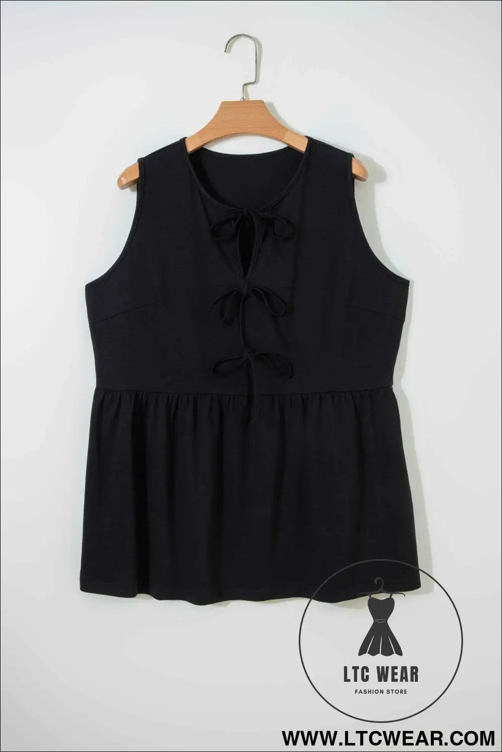 Black Plus Size Solid Color Bow Tie Peplum Tank Top