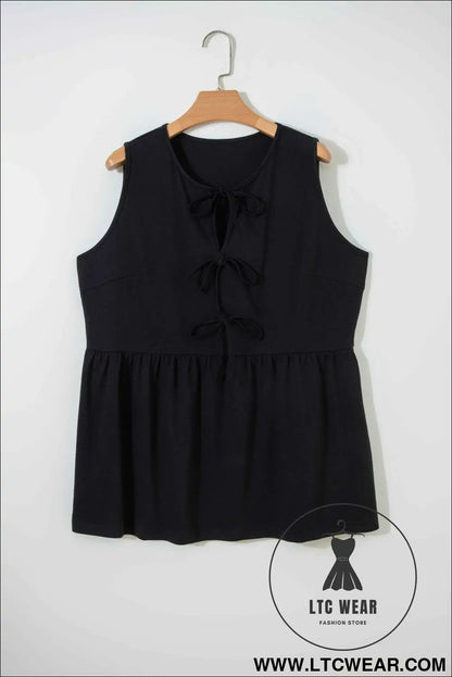 Black Plus Size Solid Color Bow Tie Peplum Tank Top