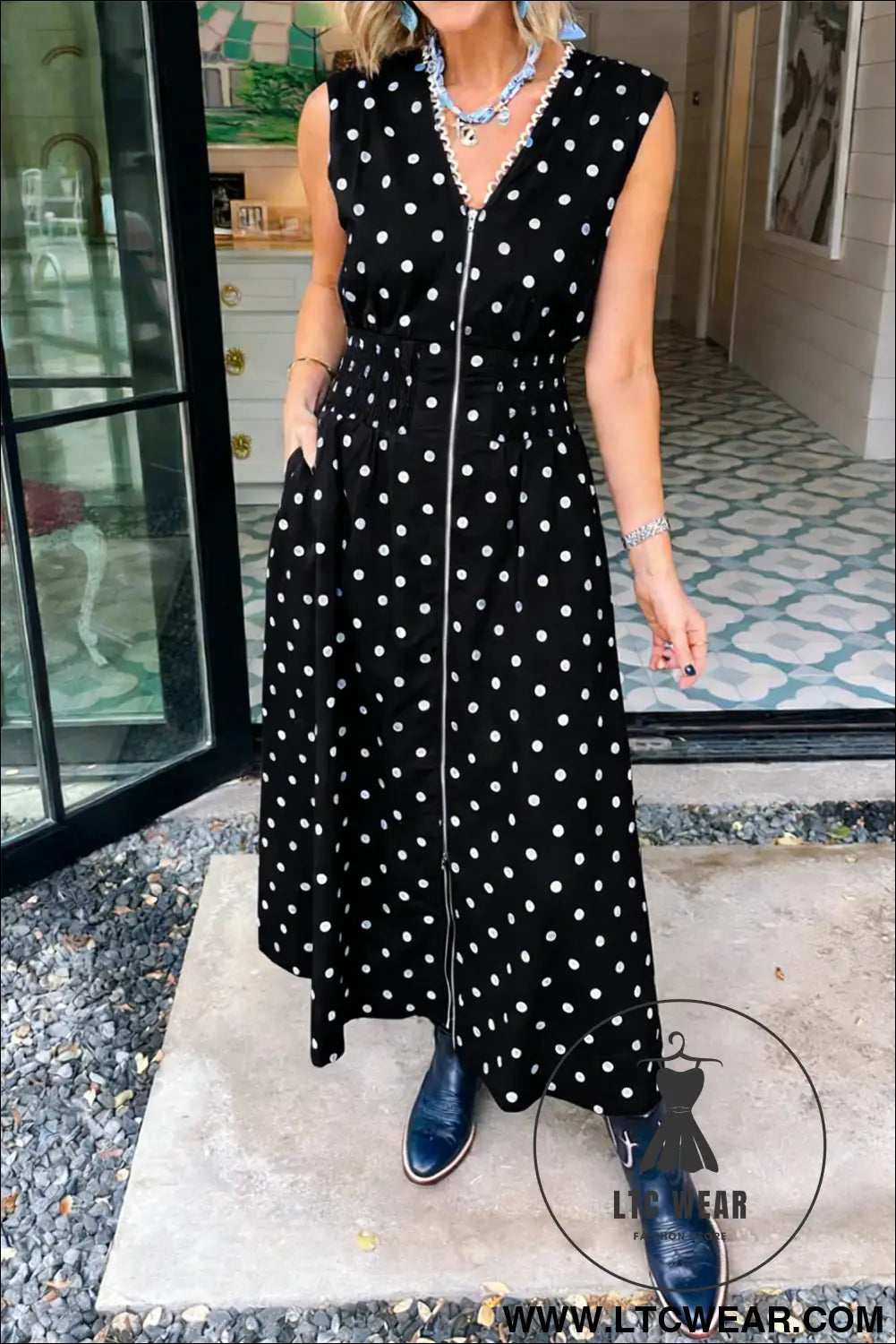 Black polka dot print contrast trim v neck zip up sleeveless dress - black / l / 55% cotton + 45% viscose - maxi dresses