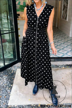 Black polka dot print contrast trim v neck zip up sleeveless dress - black / l / 55% cotton + 45% viscose - maxi dresses