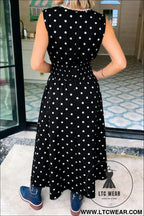 Black polka dot print contrast trim v neck zip up sleeveless dress - maxi dresses