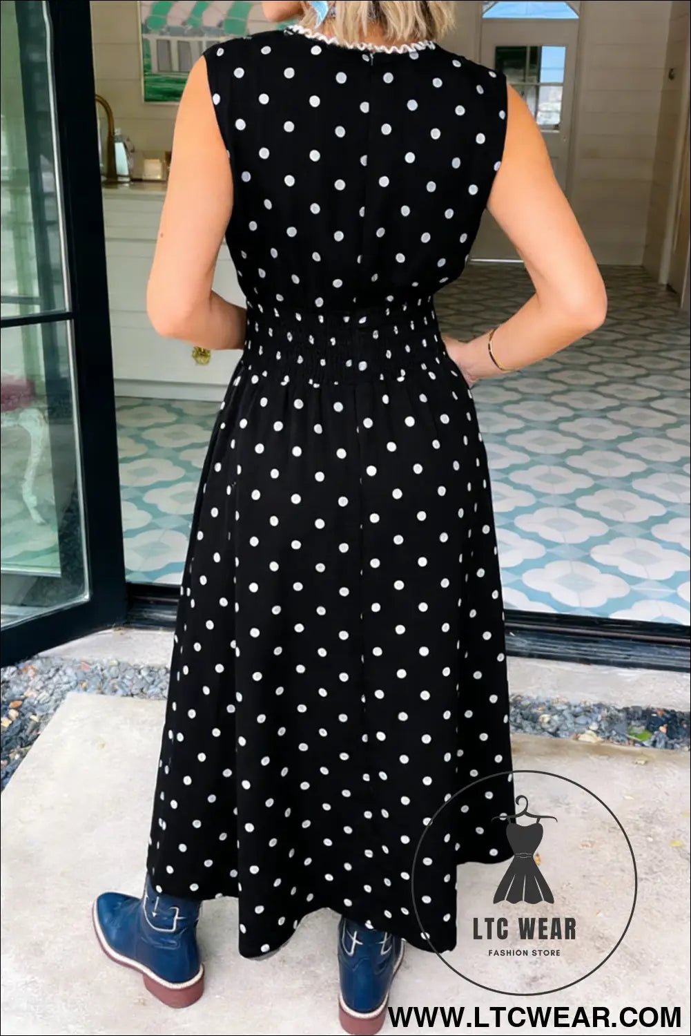 Black polka dot print contrast trim v neck zip up sleeveless dress - maxi dresses
