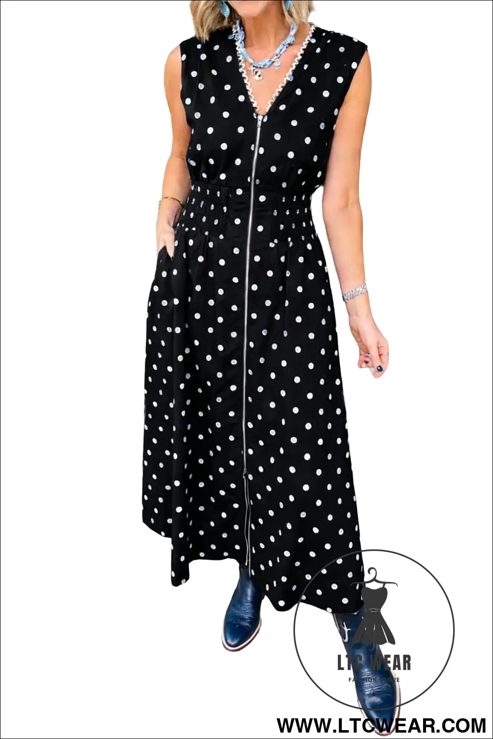 Black polka dot print contrast trim v neck zip up sleeveless dress - maxi dresses