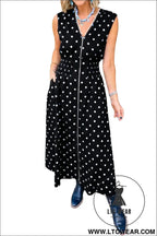 Black polka dot print contrast trim v neck zip up sleeveless dress - maxi dresses