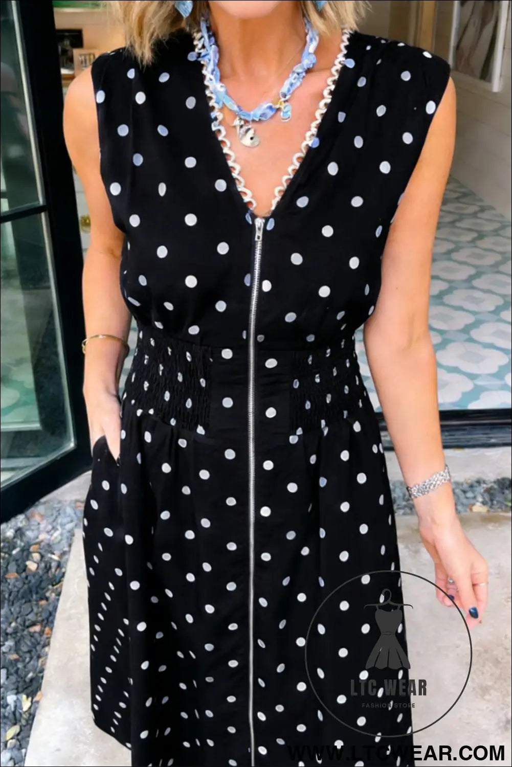 Black polka dot print contrast trim v neck zip up sleeveless dress - maxi dresses