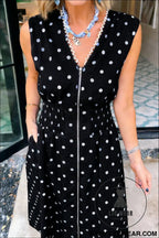 Black polka dot print contrast trim v neck zip up sleeveless dress - maxi dresses