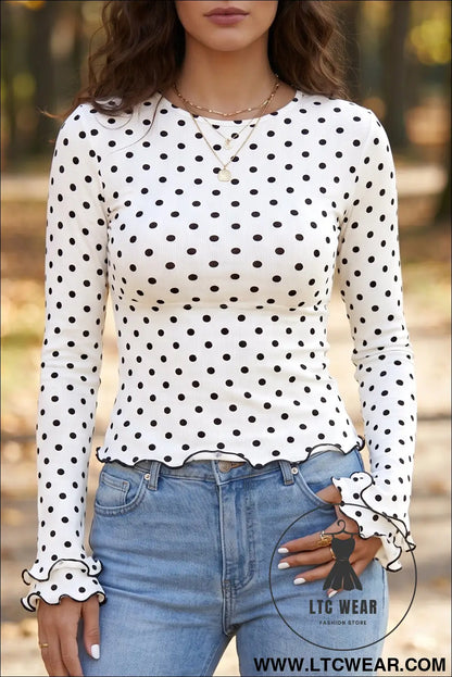 Black polka dot print lettuce trim long sleeve top - black / l / 90% polyester + 10% elastane - long sleeve tops