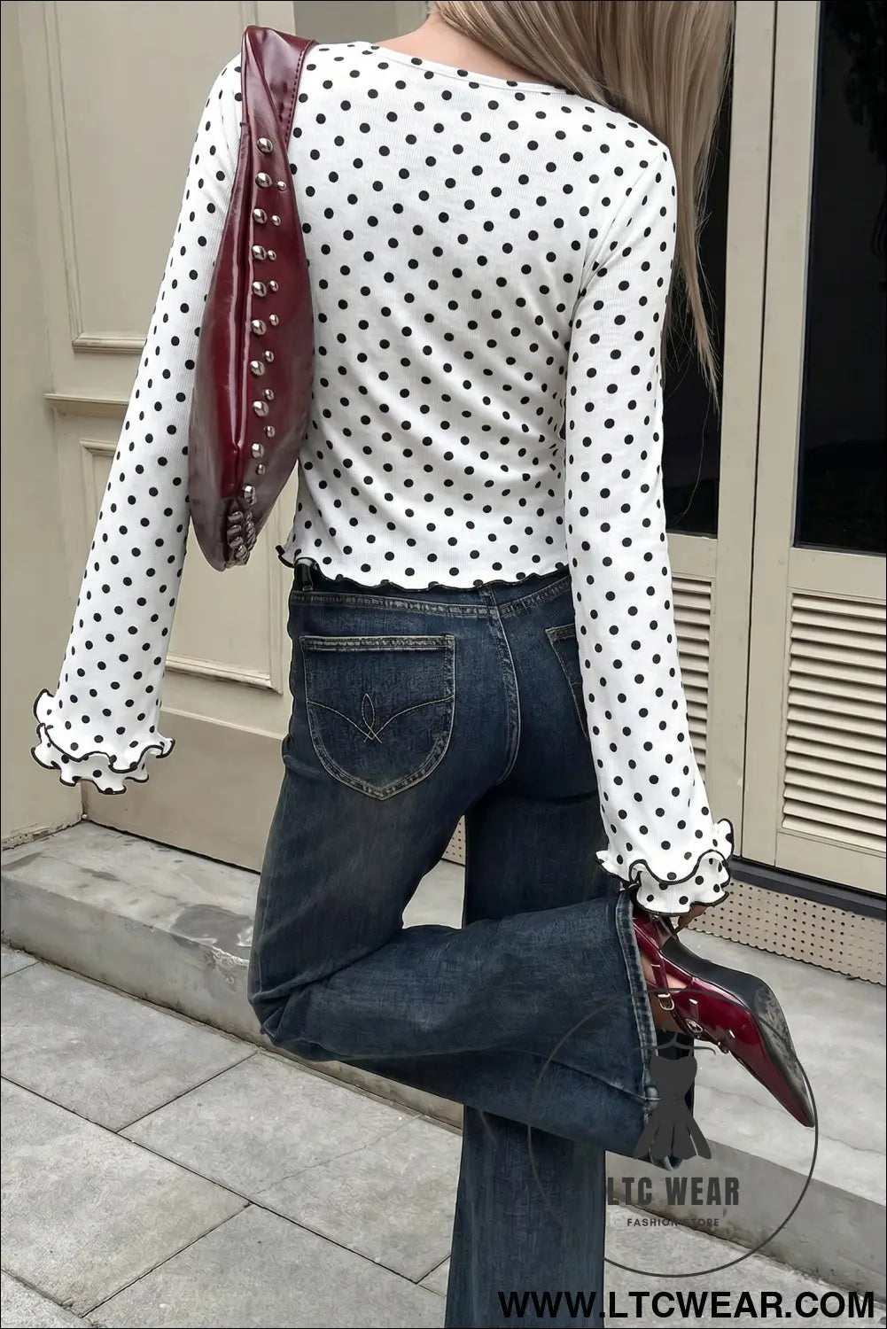 Black polka dot print lettuce trim long sleeve top - long sleeve tops