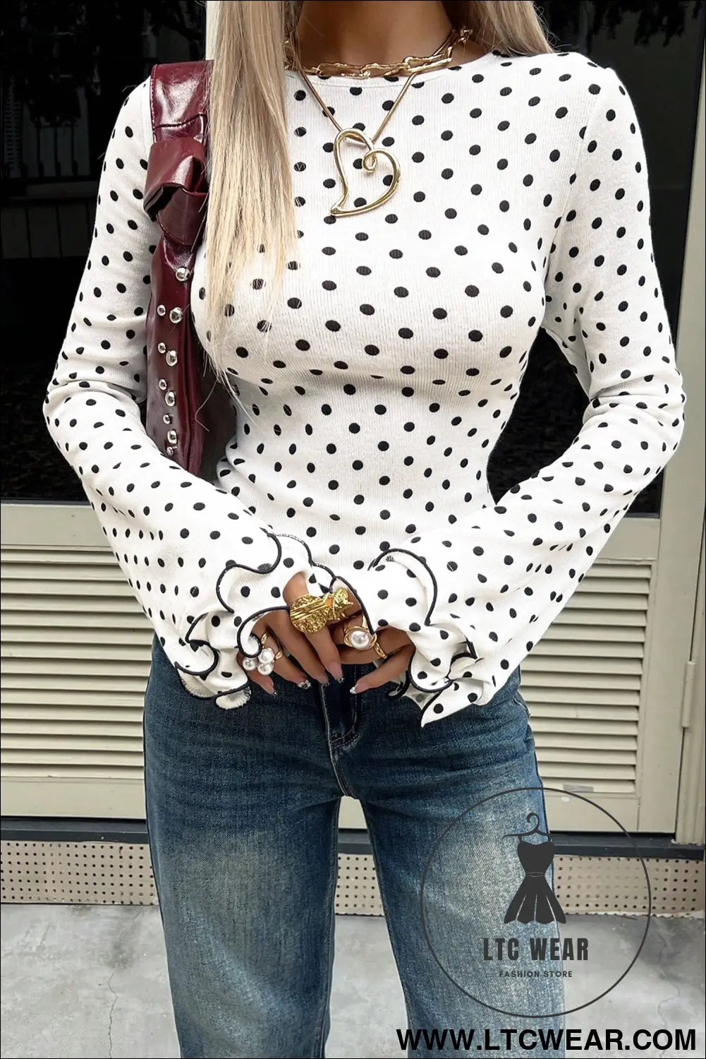 Black polka dot print lettuce trim long sleeve top - long sleeve tops