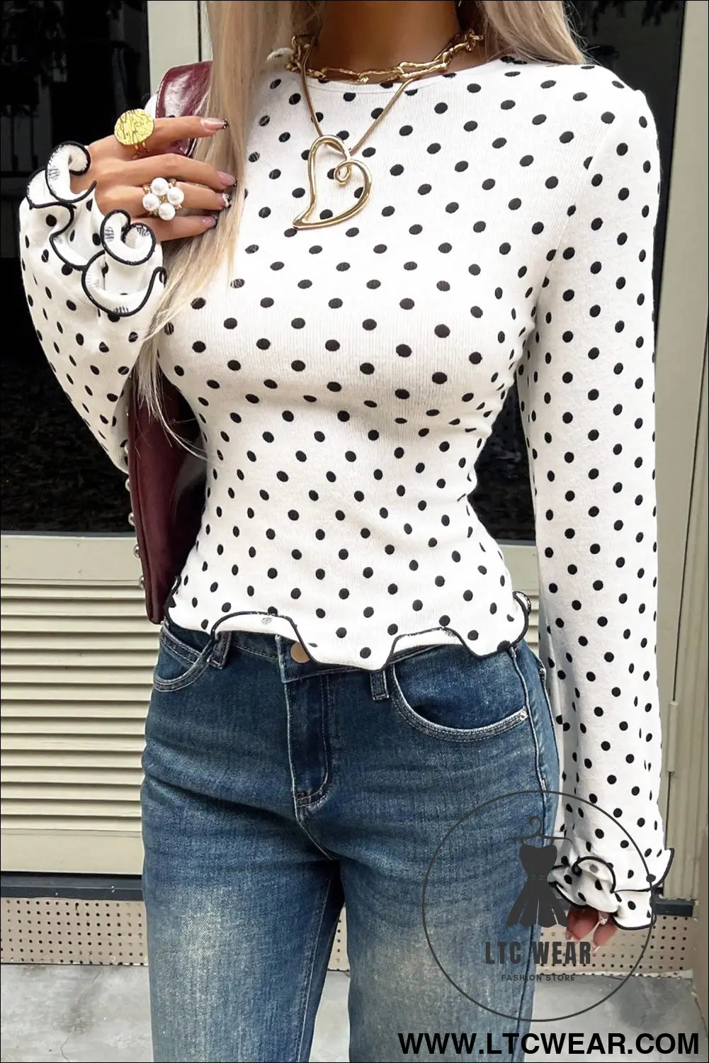 Black polka dot print lettuce trim long sleeve top - long sleeve tops