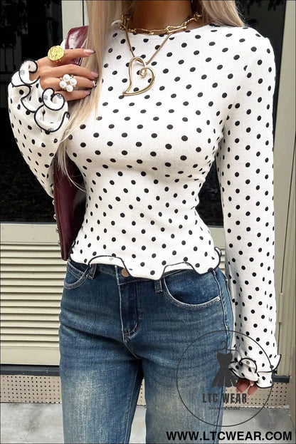 Black polka dot print lettuce trim long sleeve top - long sleeve tops