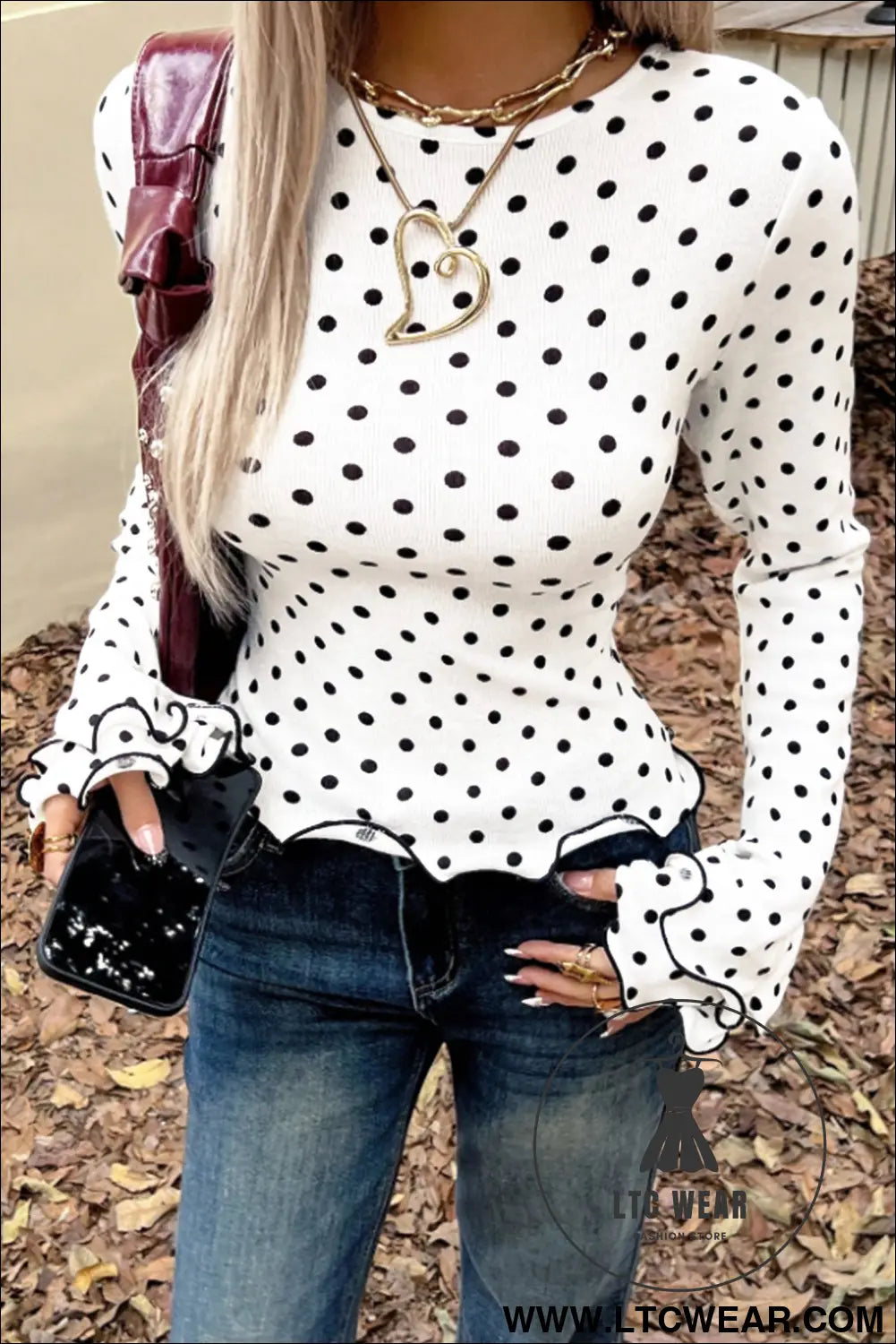 Black polka dot print lettuce trim long sleeve top - long sleeve tops